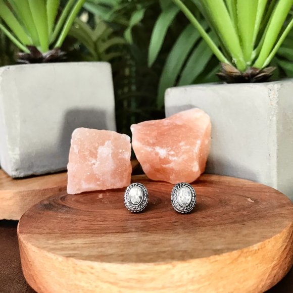 Sterling Silver Bordered Crystal Stud Earrings - Picture 5 of 6